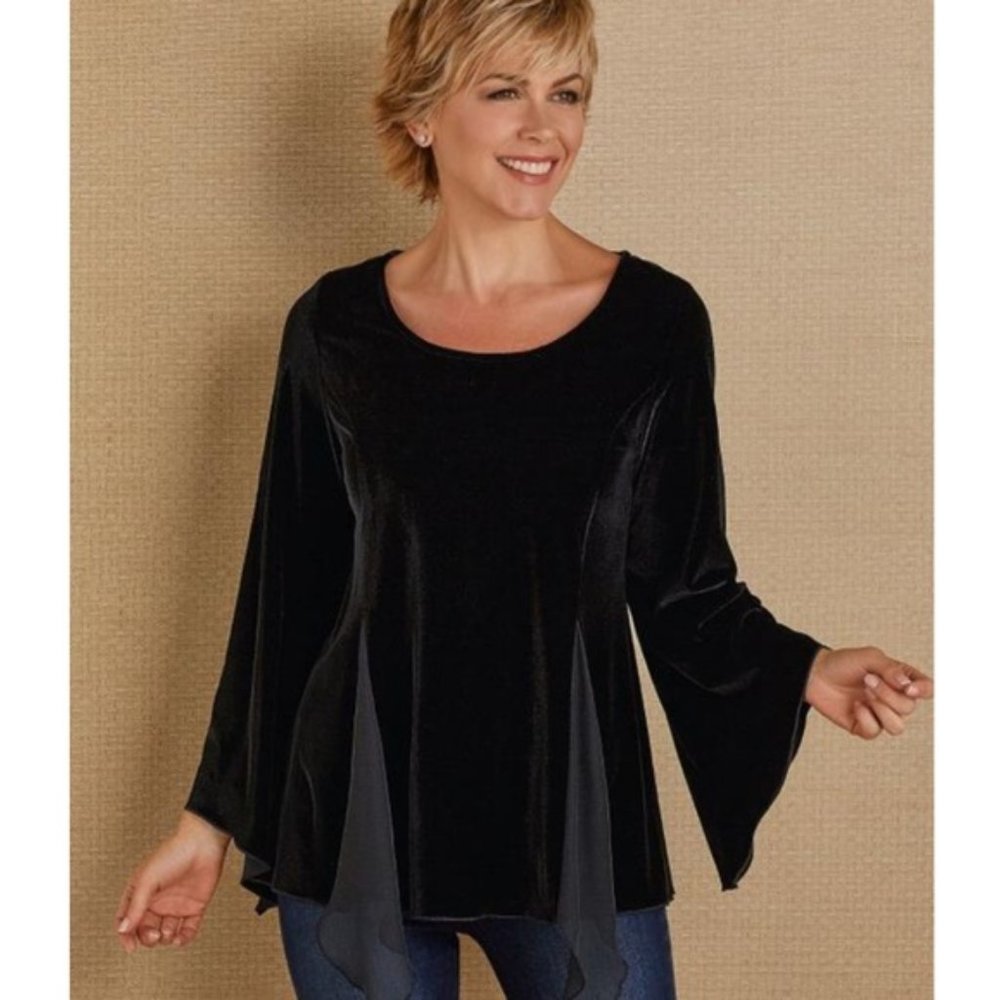 Soft Surroundings Black Velvet Bell Sleeve Blouse - Picture 1 of 8